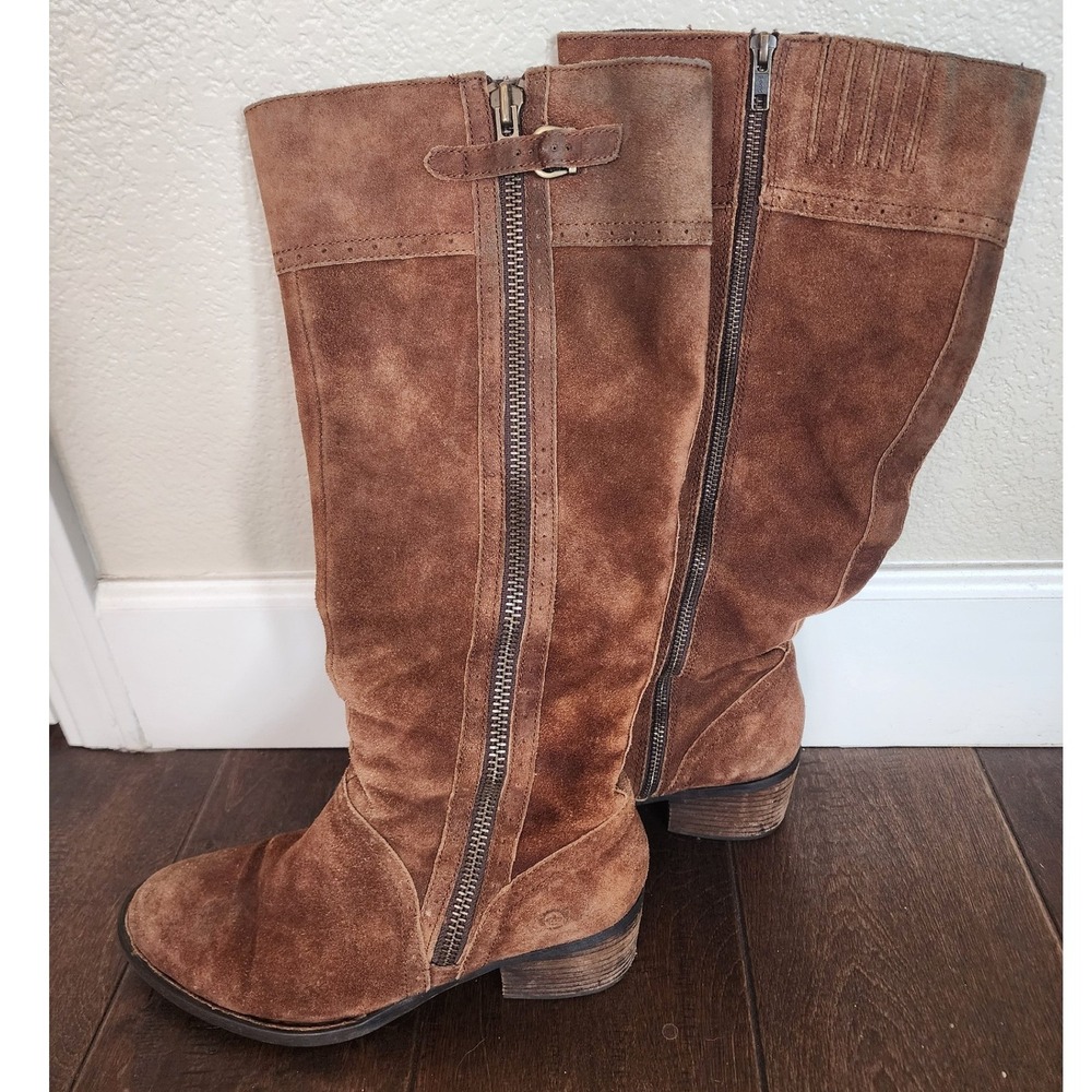 Born Poly Brown Suede Knee High Riding Boots Plaid Lining. Festival Gritty Boho - Picture 2 of 14